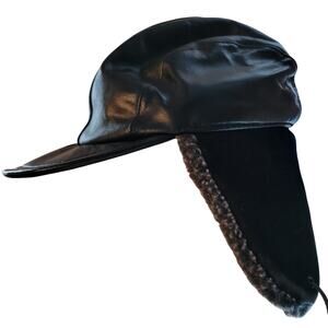 Wilsons Leather Bomber Hat Cap Black Leather Sherpa Fleece Lining Ear Flaps Sz L